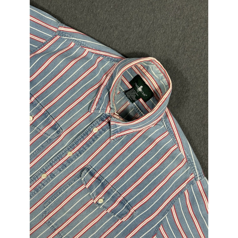 Hunt Club Mens XL Striped Chambray Button Up Shirt Blue Red White Cotton